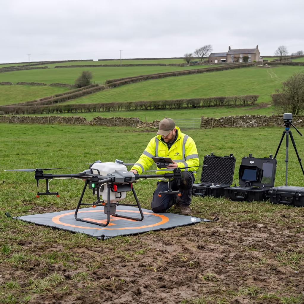 Professional drone pilot at UK farm preparing agricultural drone for survey flight