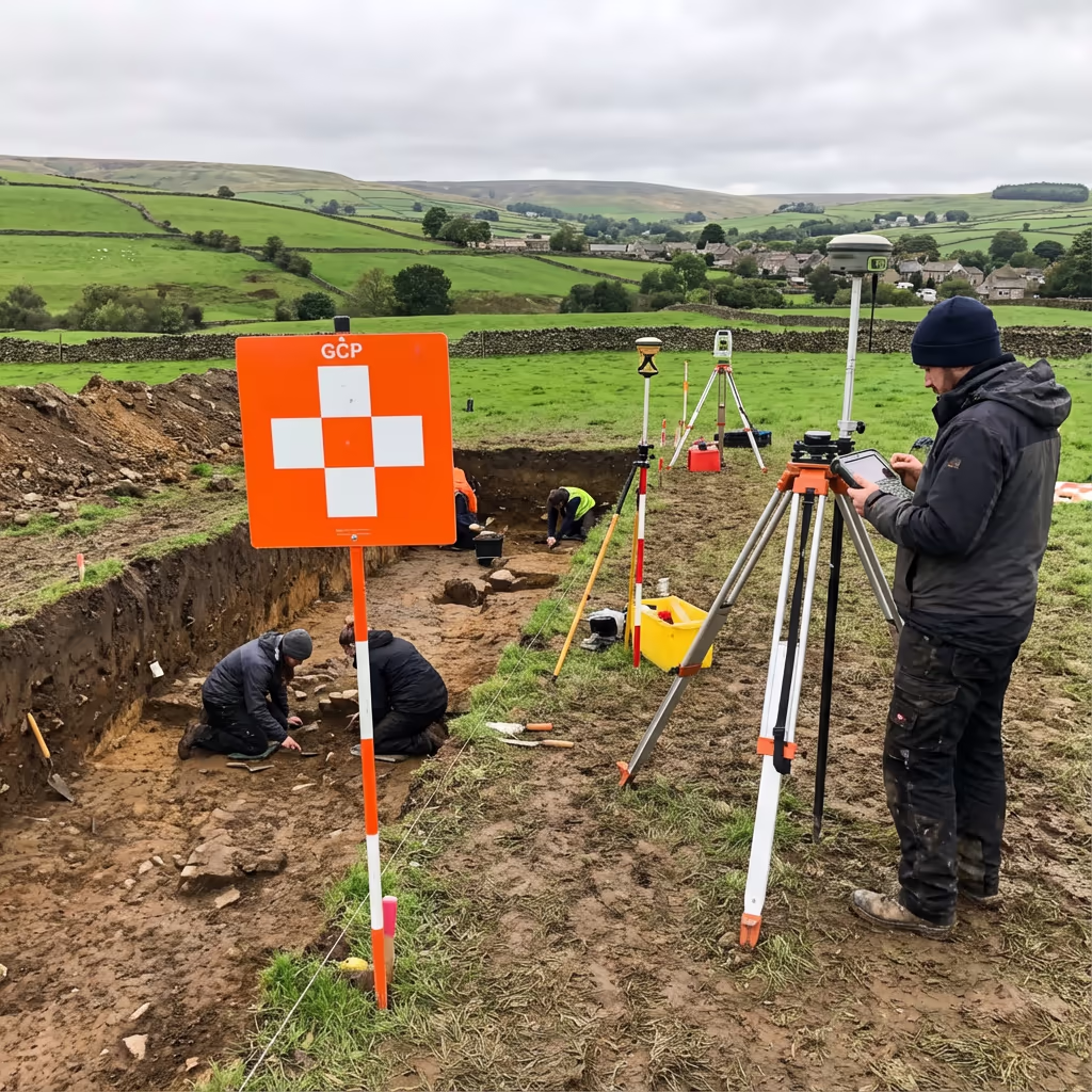 Ground control point marker at archaeological excavation for survey accuracy