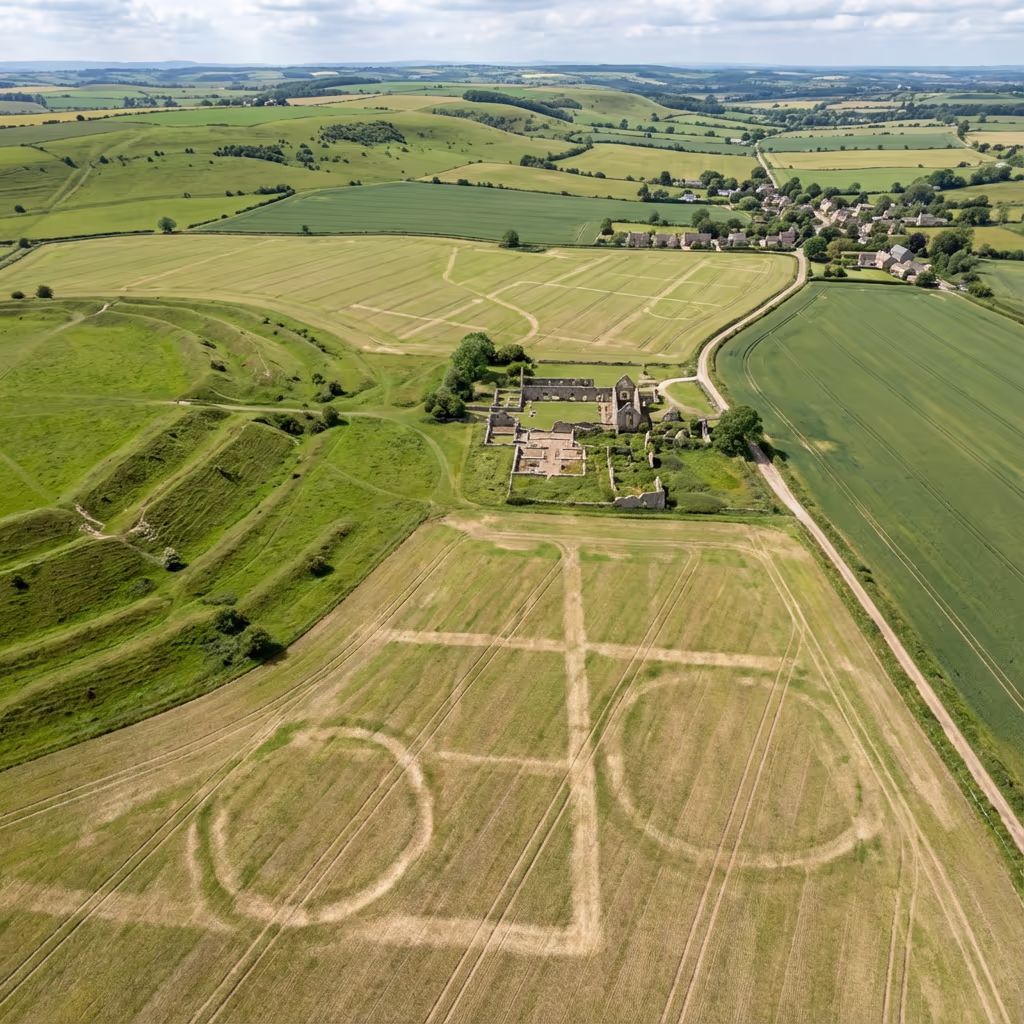 Drone view showing various archaeological features from drone survey