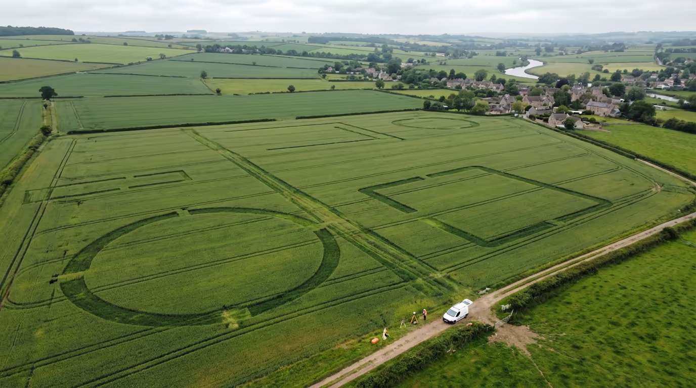 Drone view of UK archaeological site with crop marks revealing ancient features