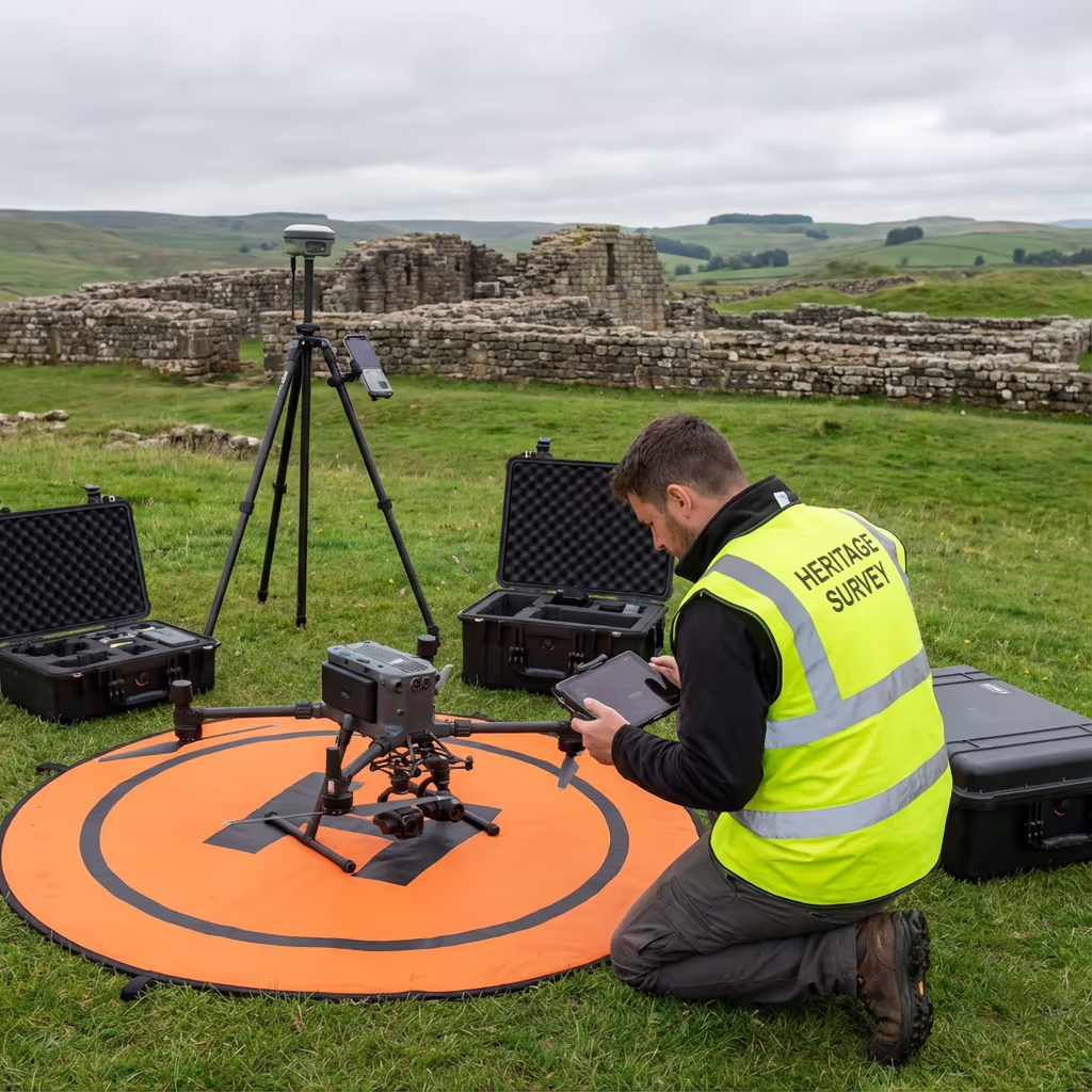 Drone pilot at archaeological site preparing for survey