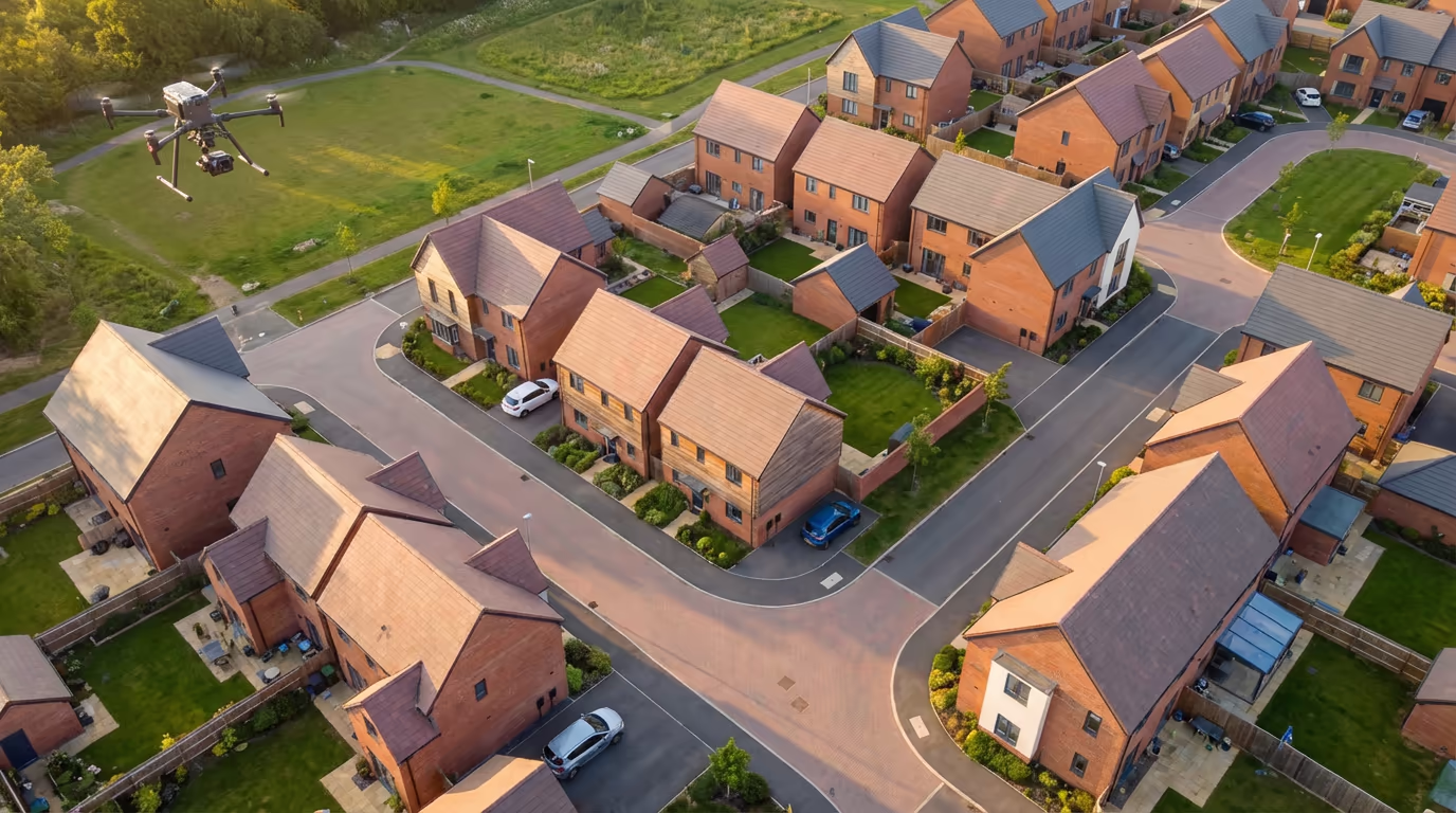 Drone view of completed UK construction project for as-built survey