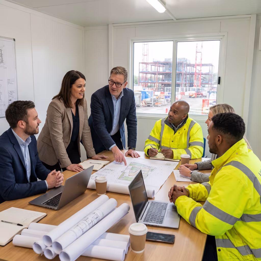 Professional survey team meeting with construction client on site