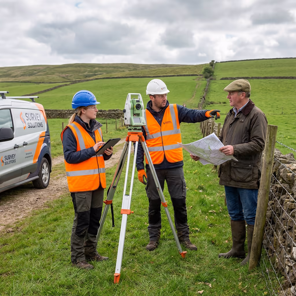 Professional survey team meeting with landowner client in UK countryside