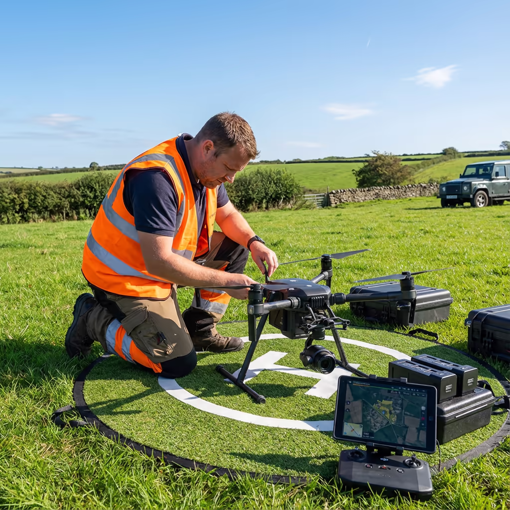 Drone pilot preparing DJI drone for boundary survey in UK field