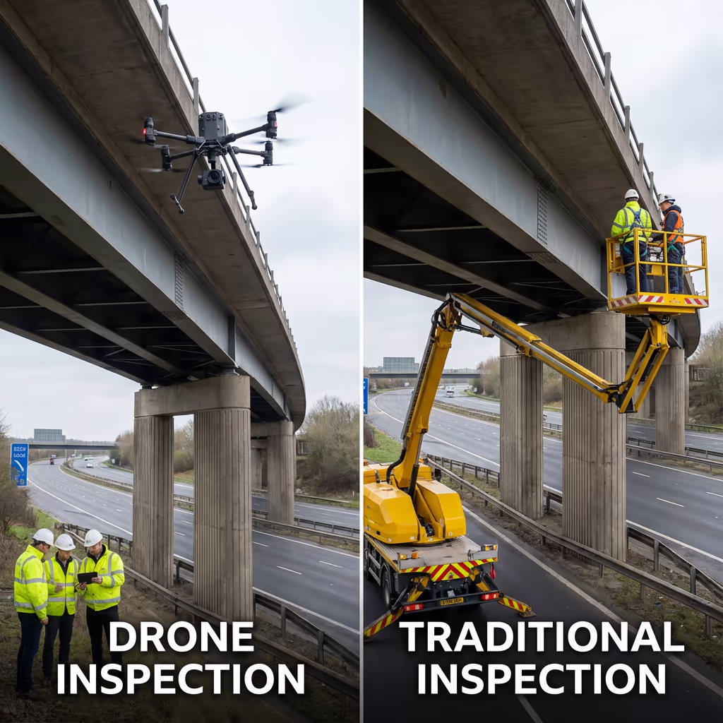 Comparison of drone bridge inspection versus traditional under-bridge inspection unit