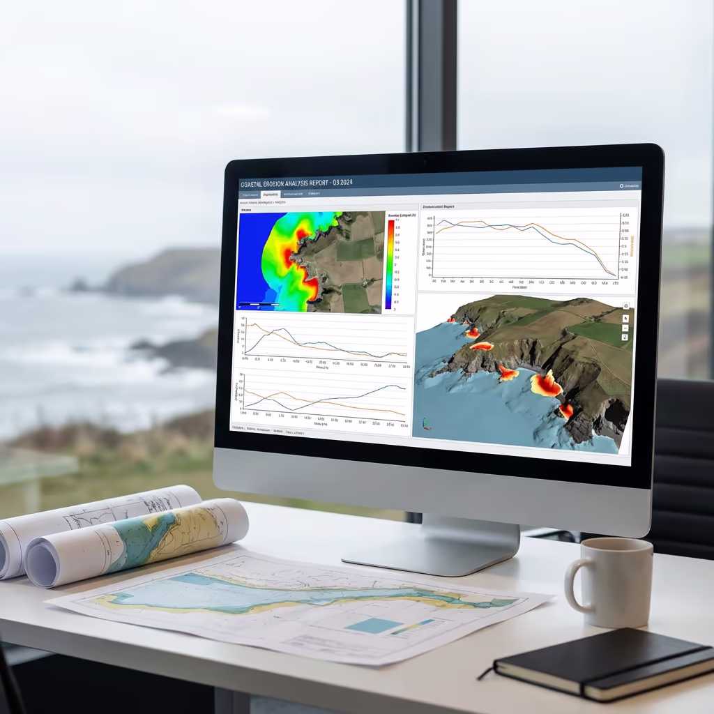 Computer screen displaying coastal survey reports and erosion analysis