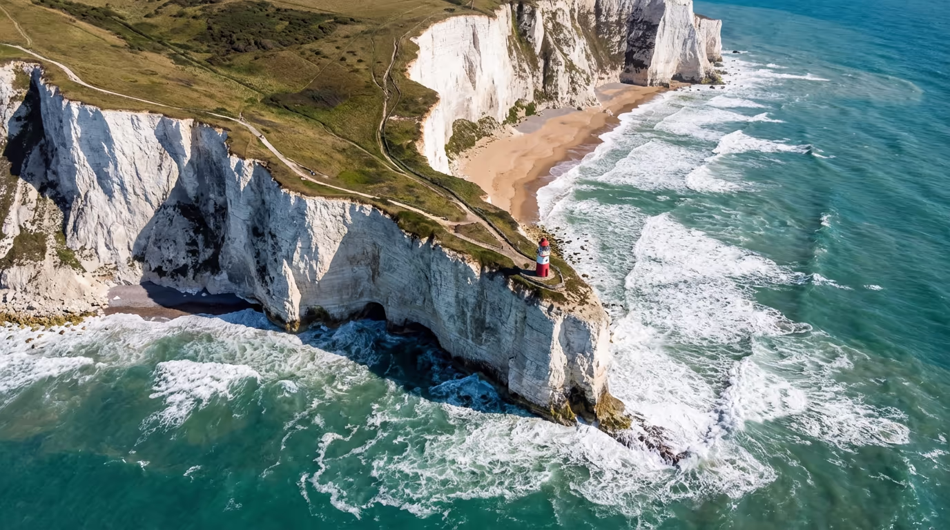 Drone photography of UK coastline with cliffs and beach