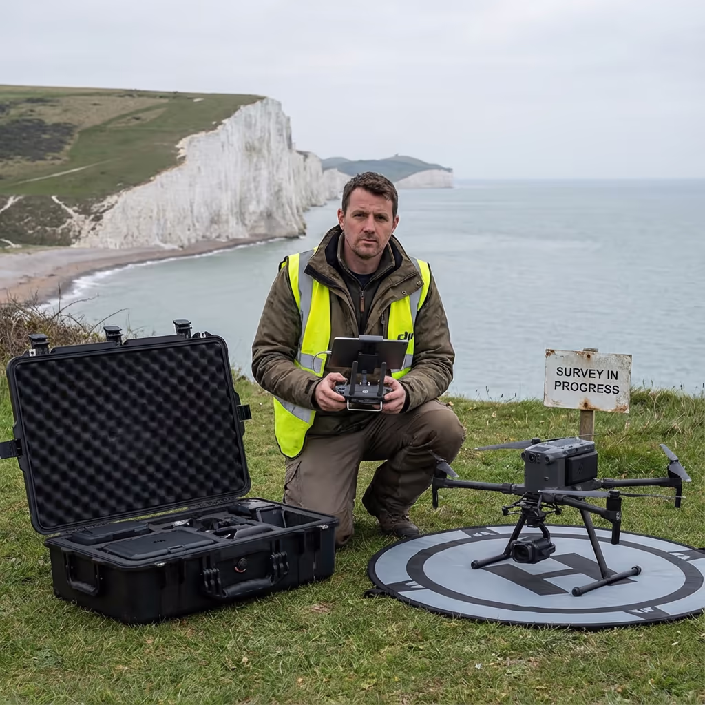 Drone pilot at UK coastline preparing for survey