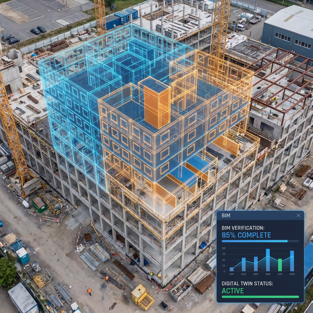 BIM model overlay on construction site drone view for verification