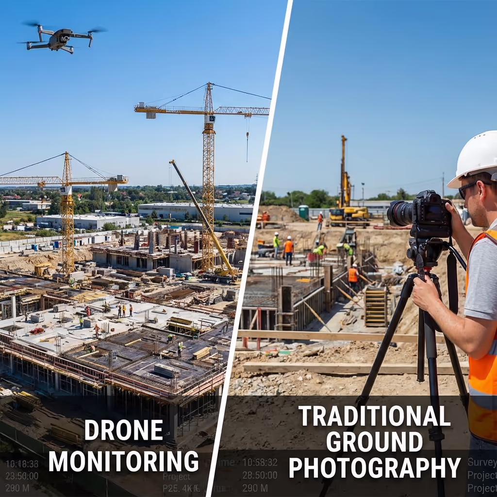 Comparison of drone monitoring vs traditional ground photography on construction site