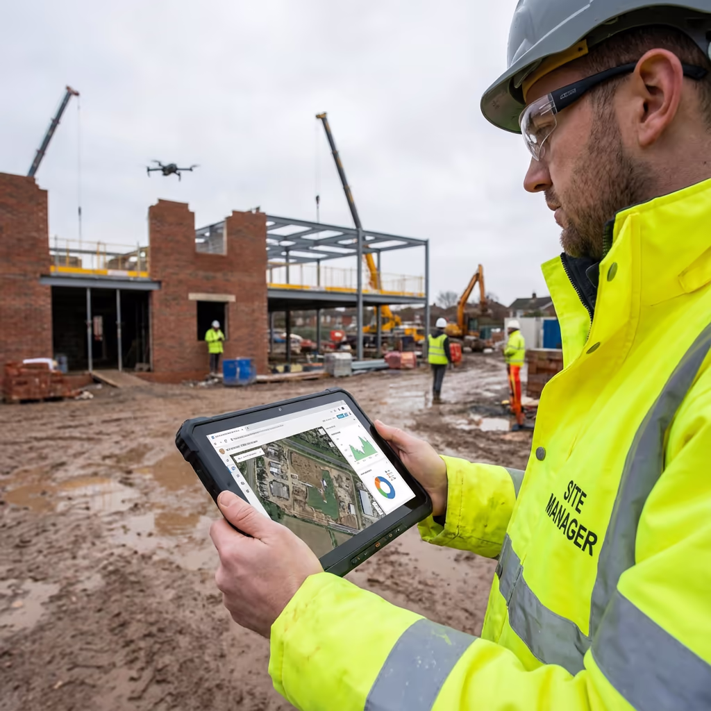 Construction manager reviewing drone progress data on tablet at UK site