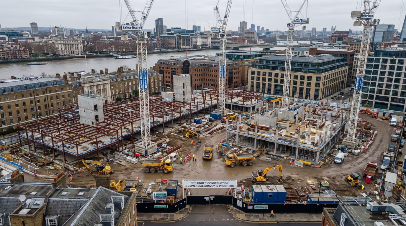 Drone view of active UK construction site with cranes and building progress