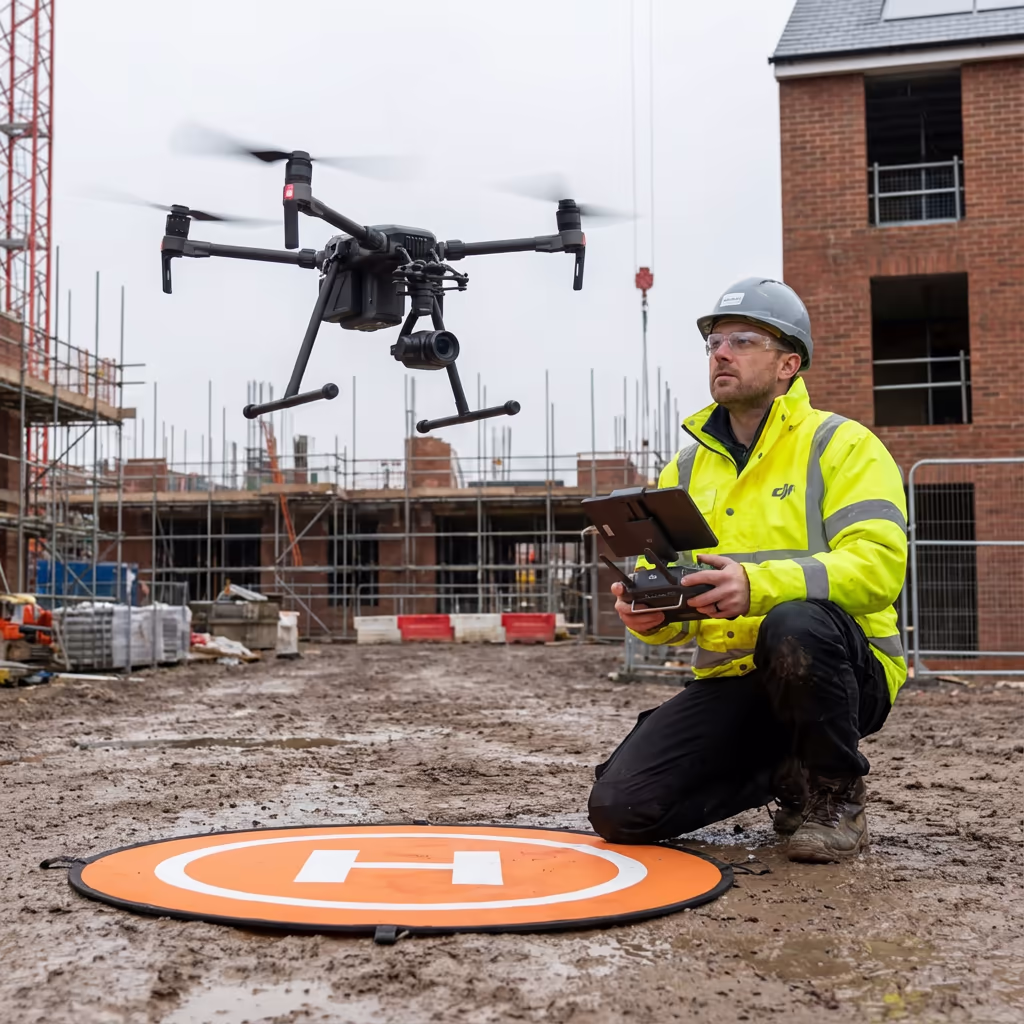 Drone pilot on UK construction site preparing for monitoring flight