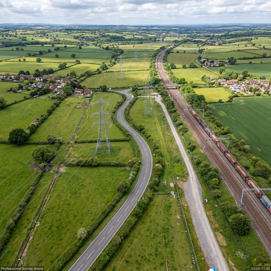 Various linear infrastructure corridors from above - pipelines, power lines, roads