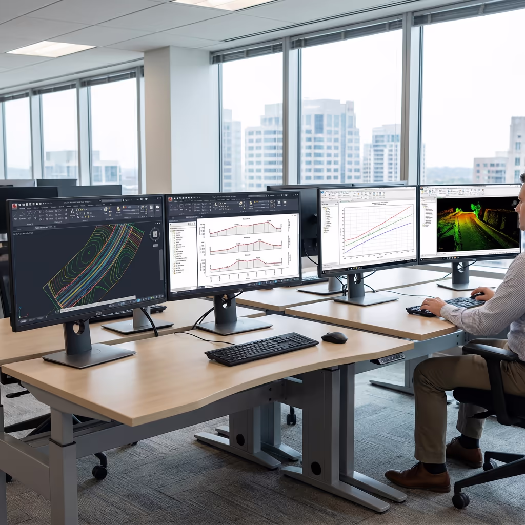 Computer screens displaying corridor survey deliverables, cross-sections and CAD drawings