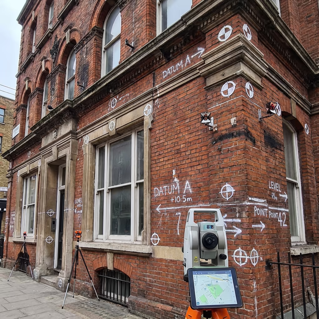 Building facade with measurement precision markers and survey reference points