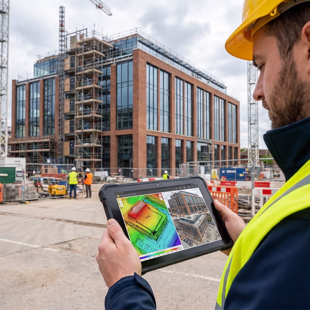 Surveyor reviewing drone elevation survey data on tablet with UK building