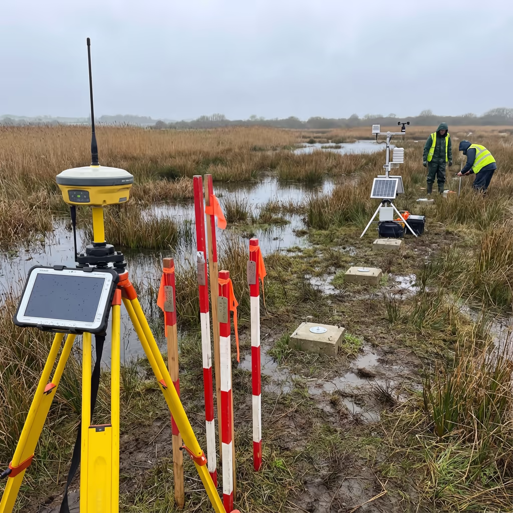 Wetland area with survey markers for environmental accuracy