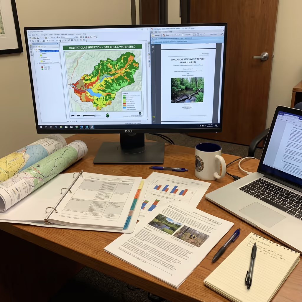 Environmental survey reports and habitat maps displayed on computer screen
