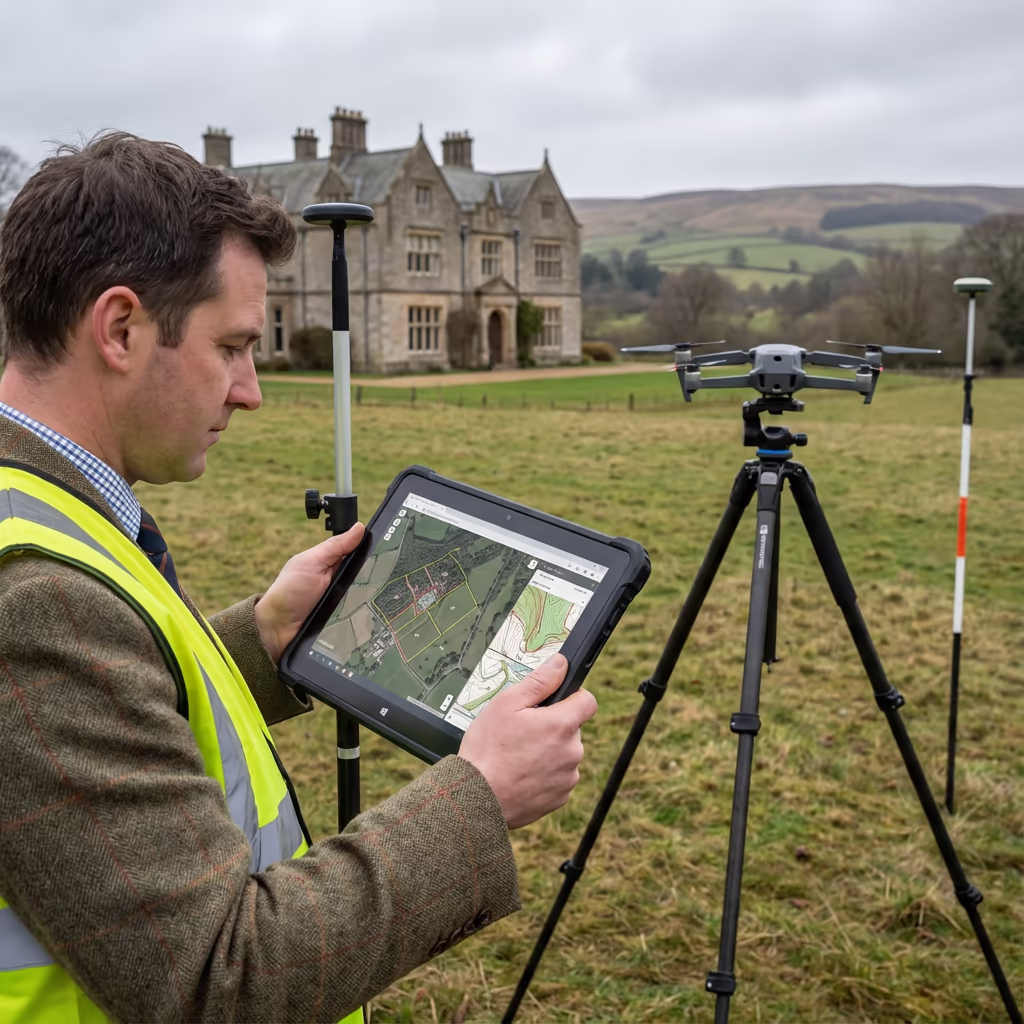 Surveyor reviewing drone estate survey data on tablet near manor house