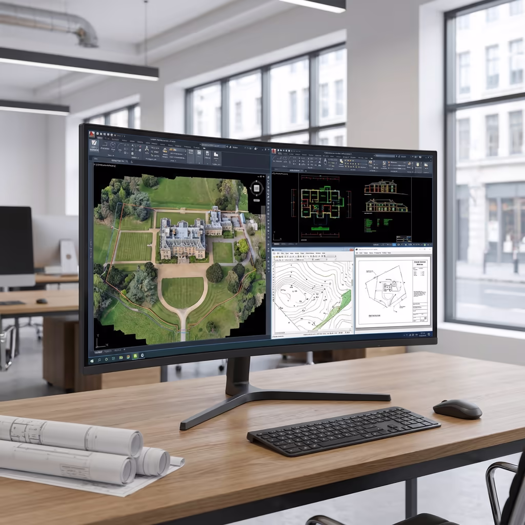 Computer screen displaying estate survey plans and CAD drawings