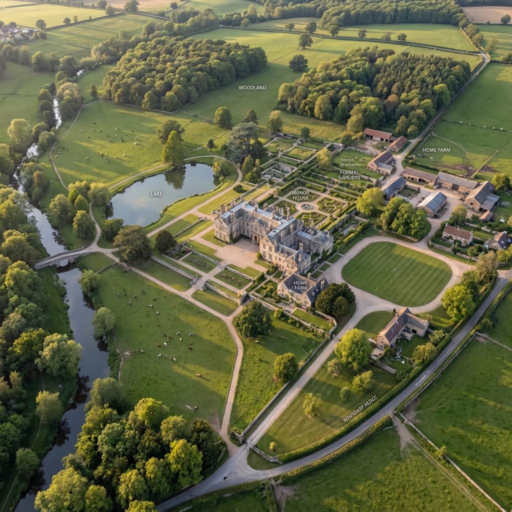 Complete drone overview of UK country estate with all features mapped