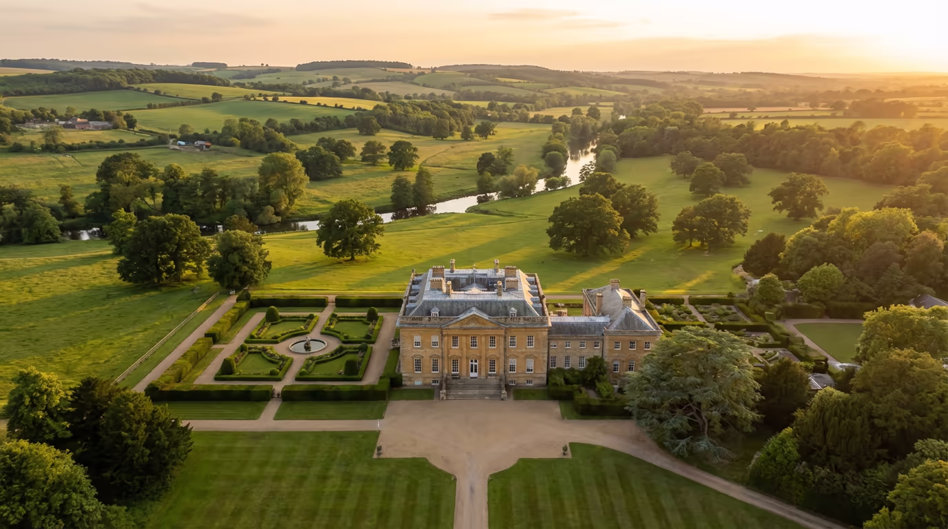 Drone view of UK country estate with manor house and grounds