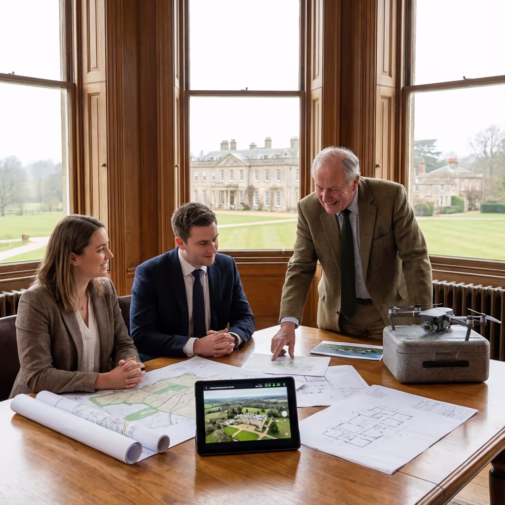 Survey team meeting with estate owner client discussing plans