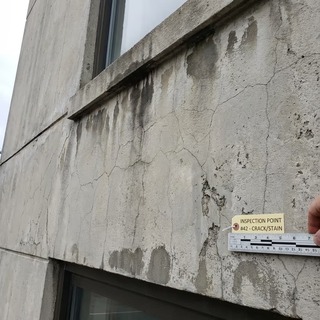 High-resolution facade detail showing crack and defect identification