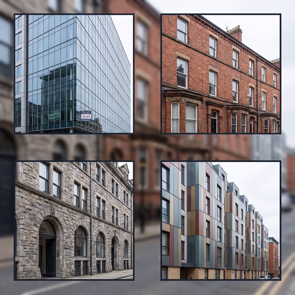 Various facade types including glass curtain wall, brick, stone, and cladding