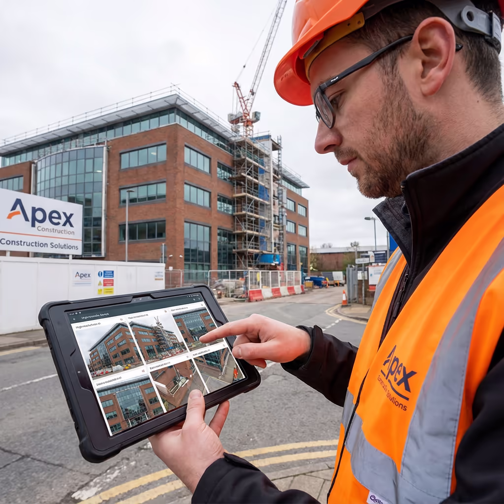 Surveyor reviewing drone facade inspection data on tablet
