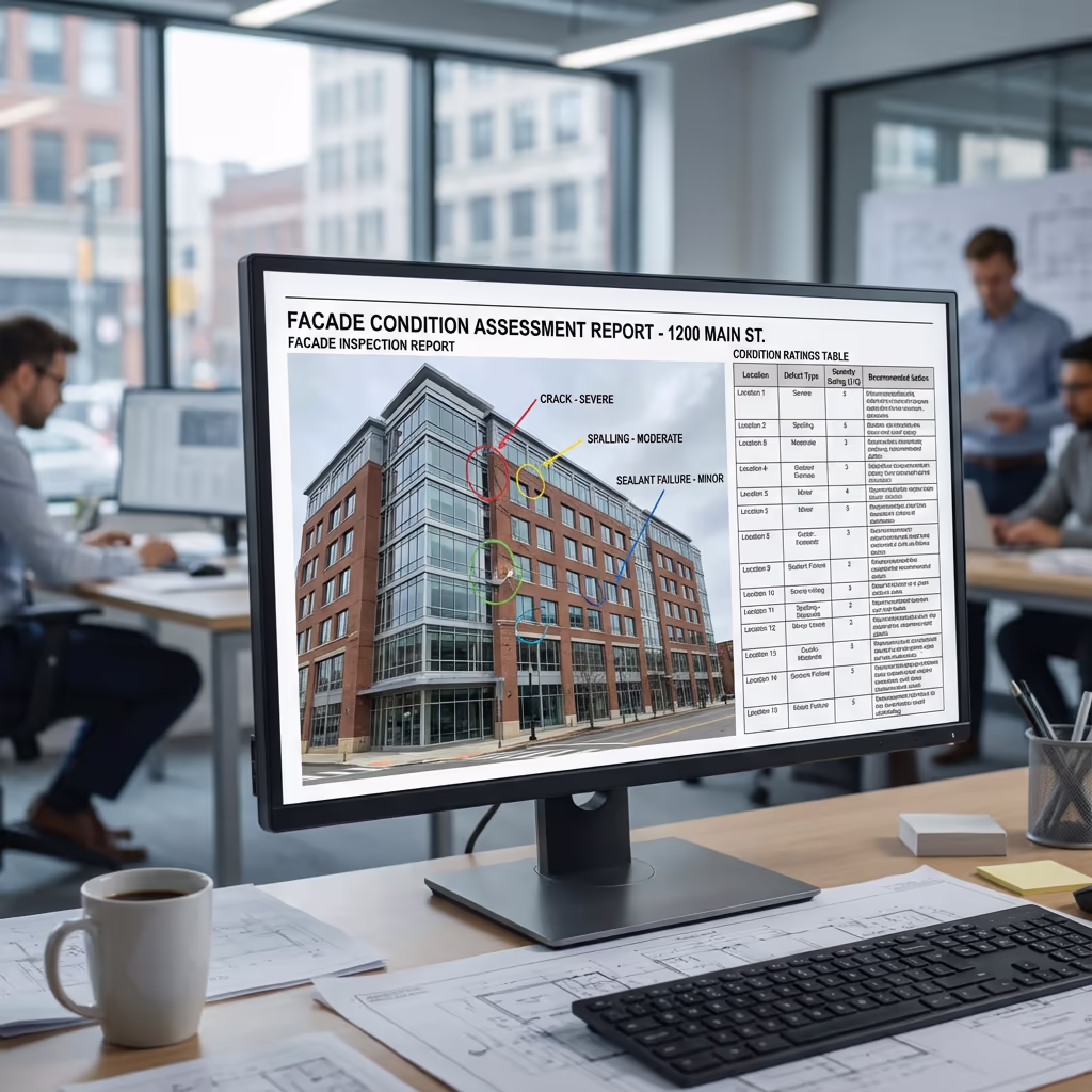 Annotated facade inspection report displayed on computer screen