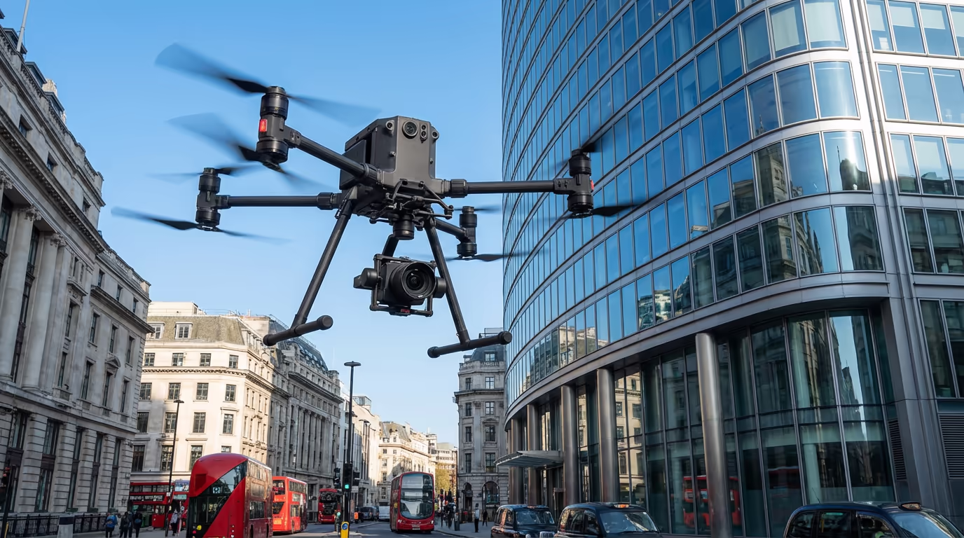 Professional drone inspecting high-rise building facade in UK city