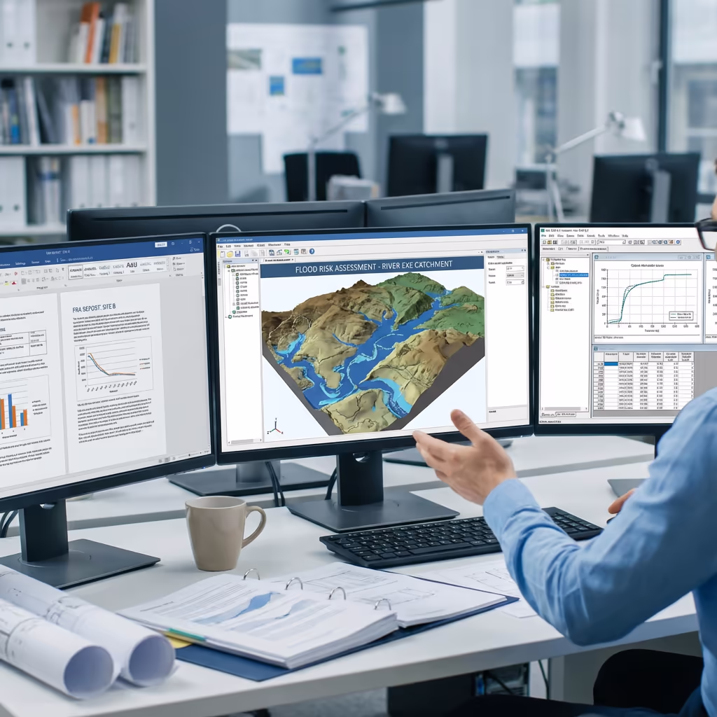 Flood risk assessment reports and terrain models displayed on computer screens