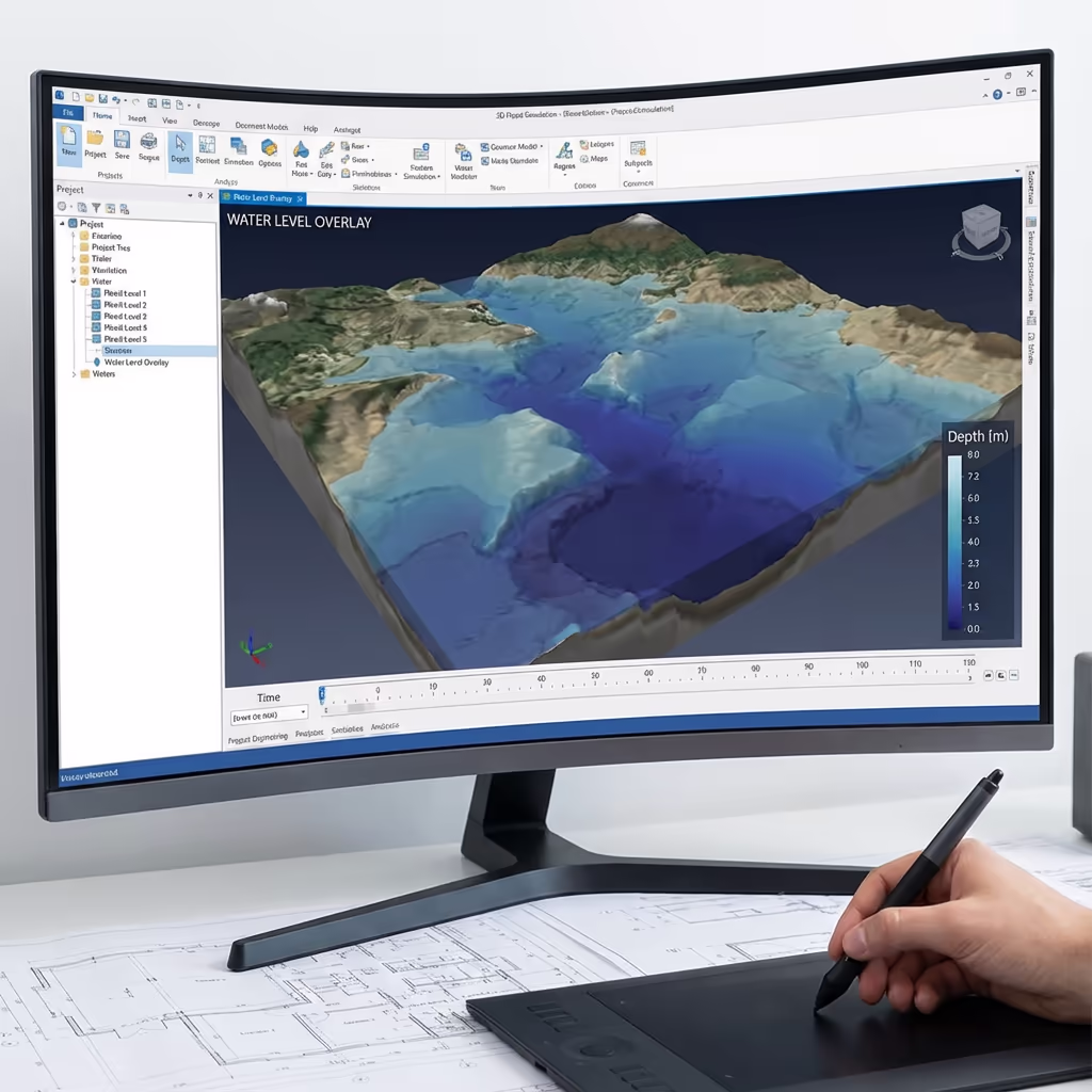 Flood extent modelling visualization with water level overlay on terrain model