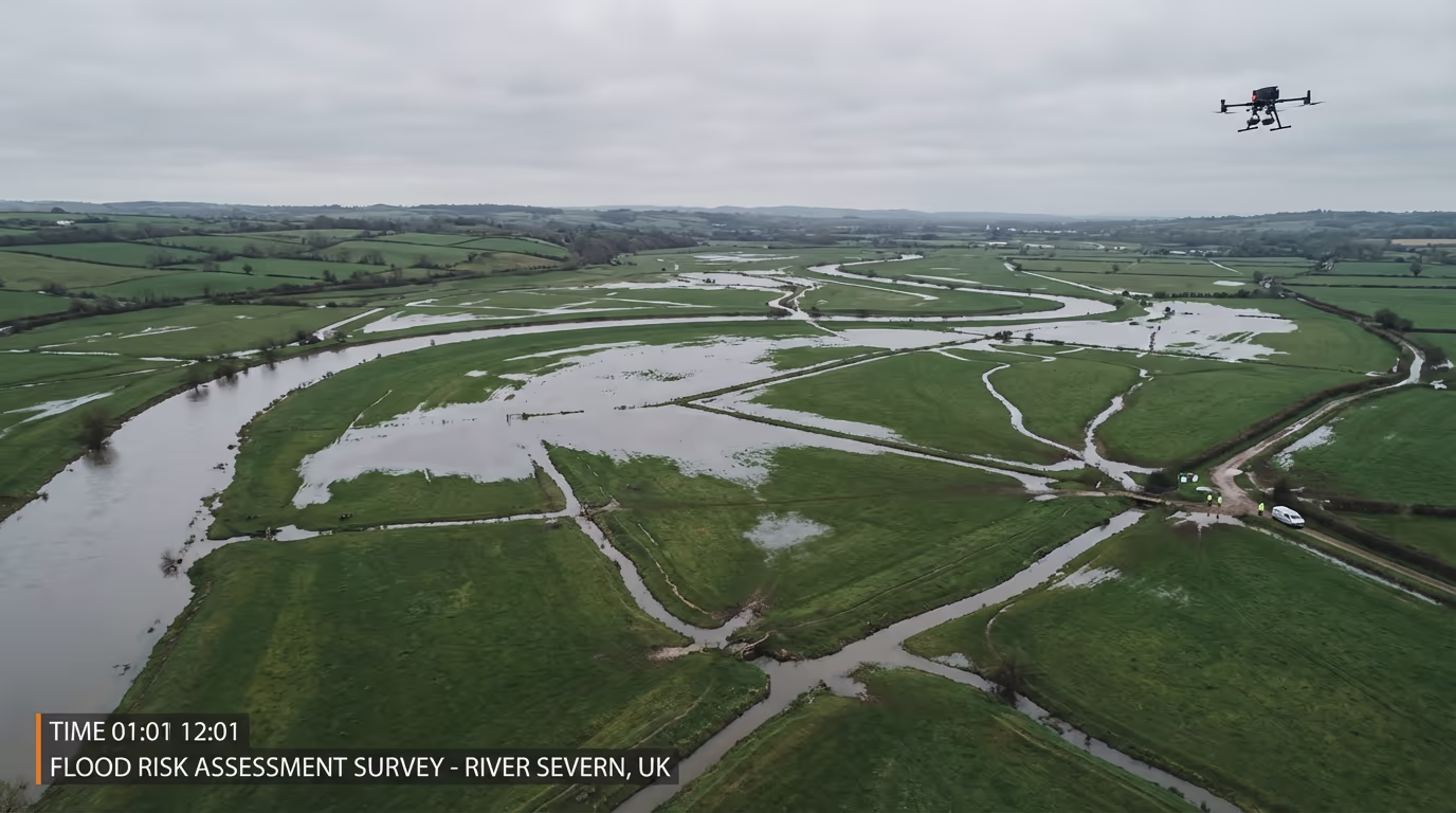 Drone view of UK river floodplain during flood risk assessment survey