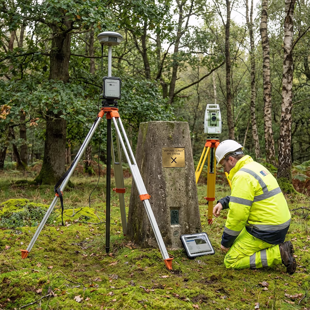Ground control point marker in forest clearing for survey accuracy
