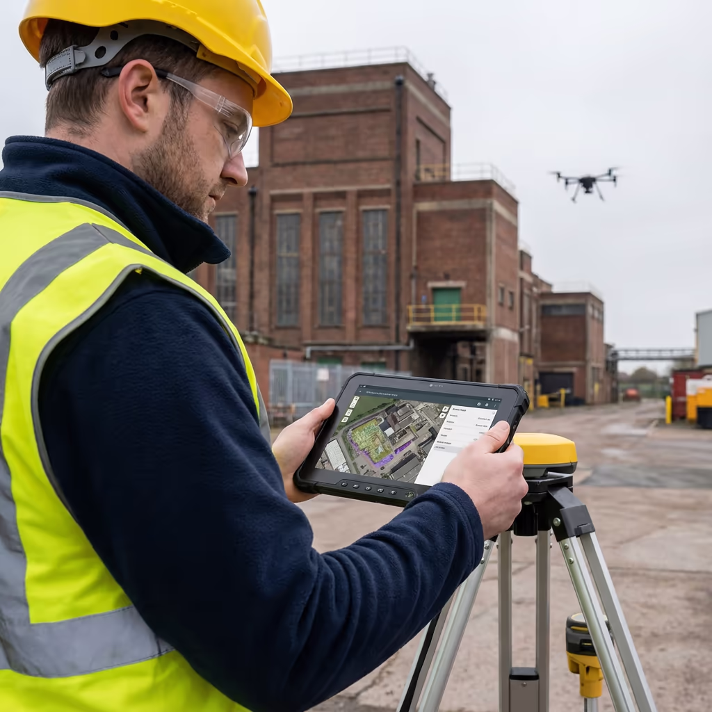 Surveyor reviewing drone industrial survey data on tablet at industrial site