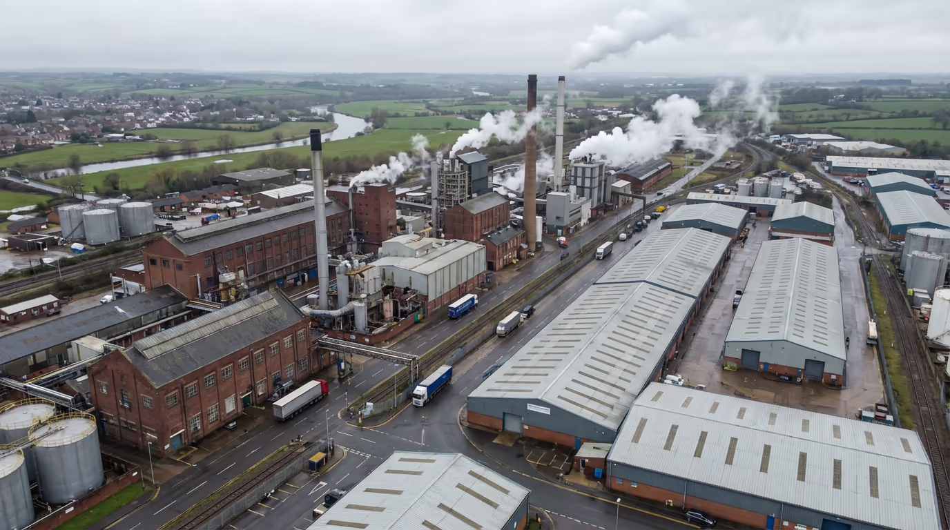 Drone view of UK industrial facility with factories and warehouses