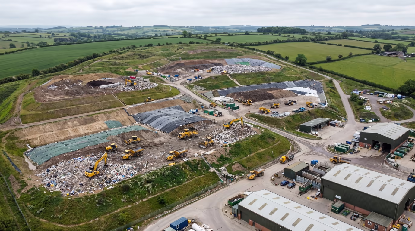 Drone view of UK landfill site showing waste cells and operations