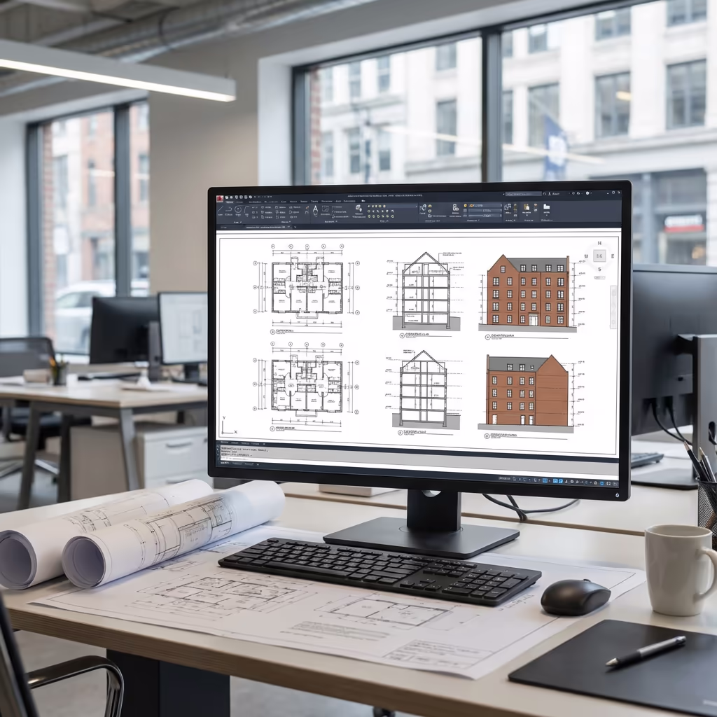 Measured building drawings and floor plans displayed on computer screen