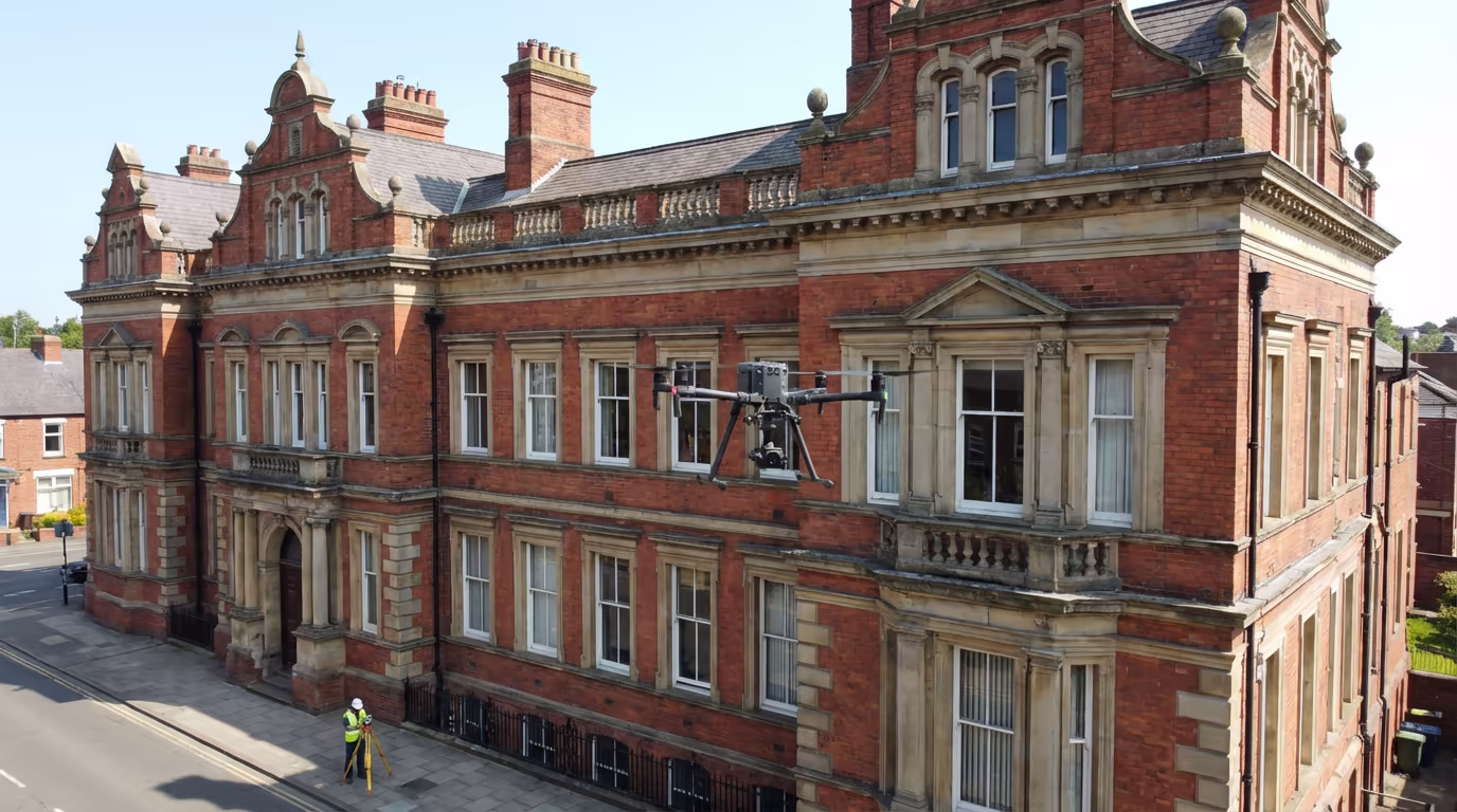 Drone capturing detailed building measurements for measured building survey in the UK