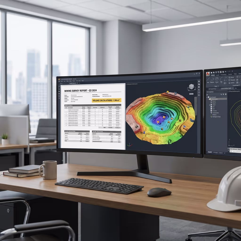 Computer screen displaying mining survey reports and volume calculations