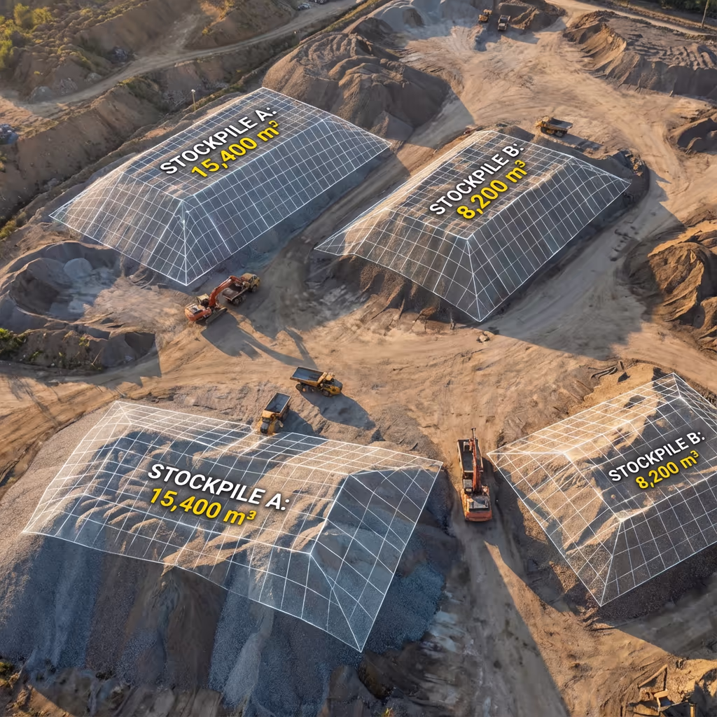 Drone surveying stockpiles at mining site for volume measurement