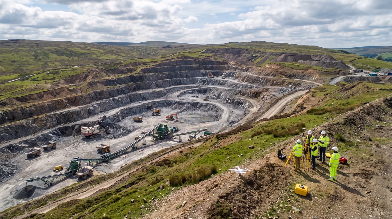 Drone view of open pit mine and quarry operations in UK