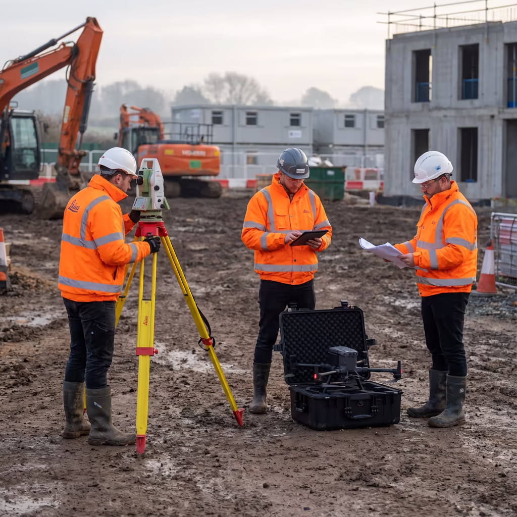 Survey team with drone and total station preparing for setting out work