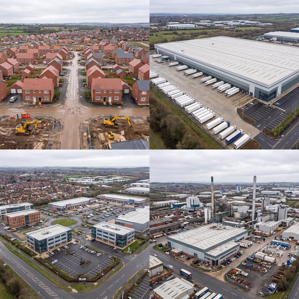 Various site types from above showing residential commercial and industrial developments