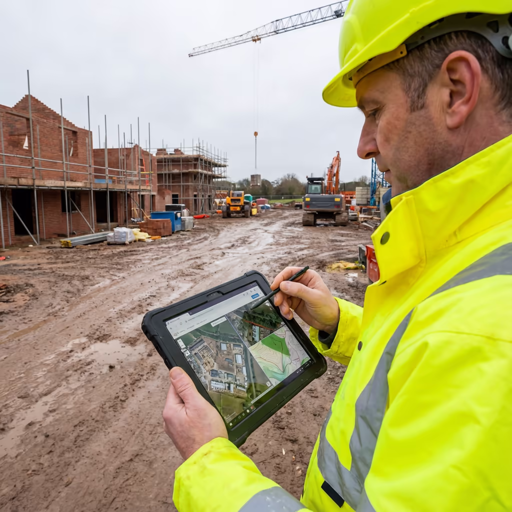 Surveyor at development site reviewing drone site survey data on tablet