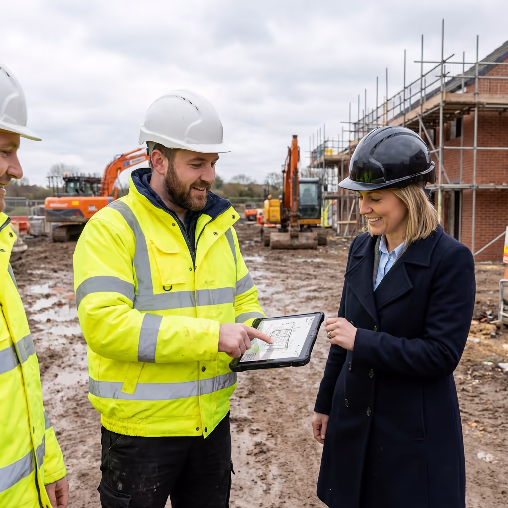 Survey team meeting with developer client on UK construction site